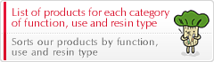 List of products for each category of function, use and resin type
